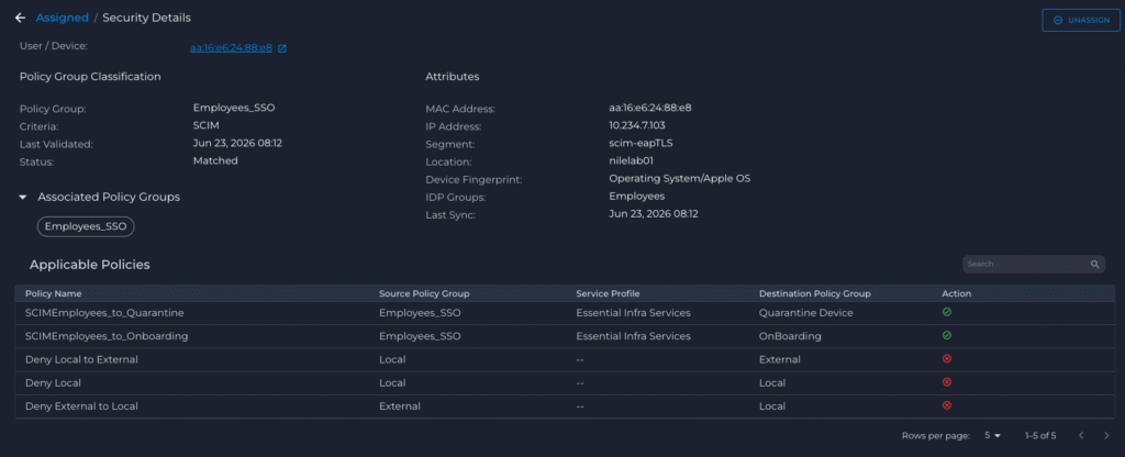Nile Trust Engine - Device information that is assigned by the zero-trust fabric